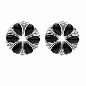 Sterling Silver Whitby Jet Six Stone Flower Stud Earrings