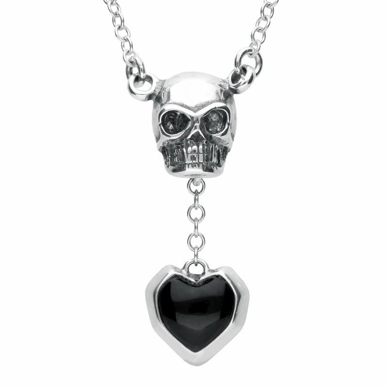 Sterling Silver Whitby Jet Skull Heart Drop Necklace