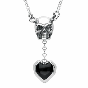 Sterling Silver Whitby Jet Skull Heart Drop Necklace