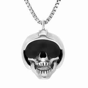 Sterling Silver Whitby Jet Skull With Helmet and Visor Necklace
