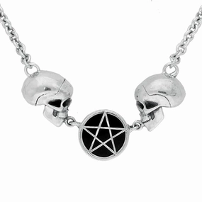 Sterling Silver Whitby Jet Skulls Pentagram In Circle Necklace