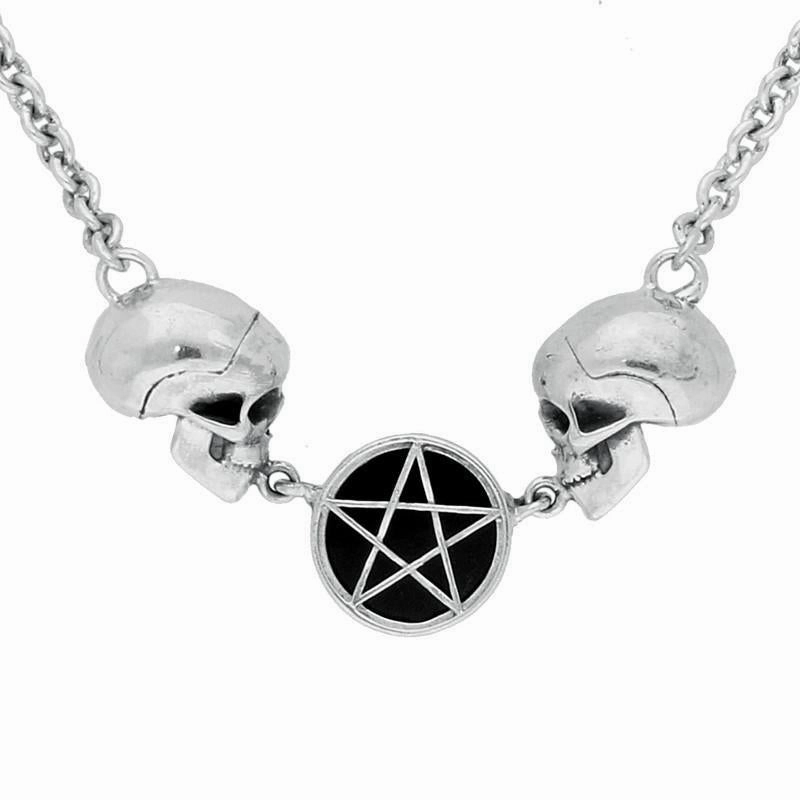 Sterling Silver Whitby Jet Skulls Pentagram In Circle Necklace