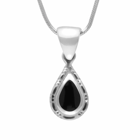 Sterling Silver Whitby Jet Small Beaded Pear Necklace