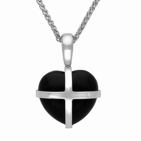 Sterling Silver Whitby Jet Small Cross Heart Necklace