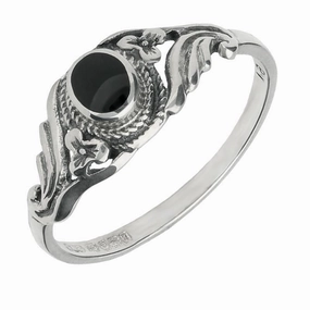 Sterling Silver Whitby Jet Small Fancy Scroll Ring