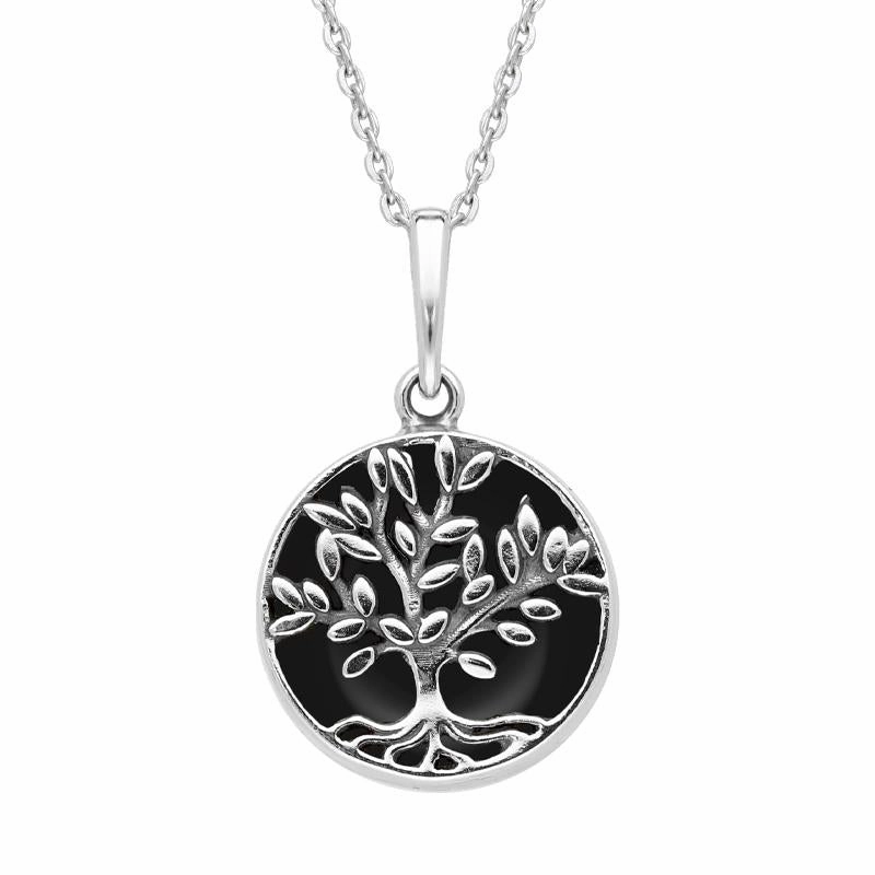Sterling Silver Whitby Jet Small Round Large Leaves Tree of Life Necklace