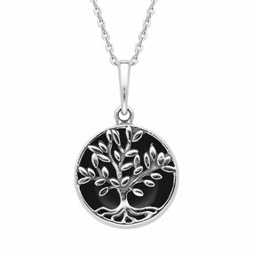 Sterling Silver Whitby Jet Small Round Large Leaves Tree of Life Necklace