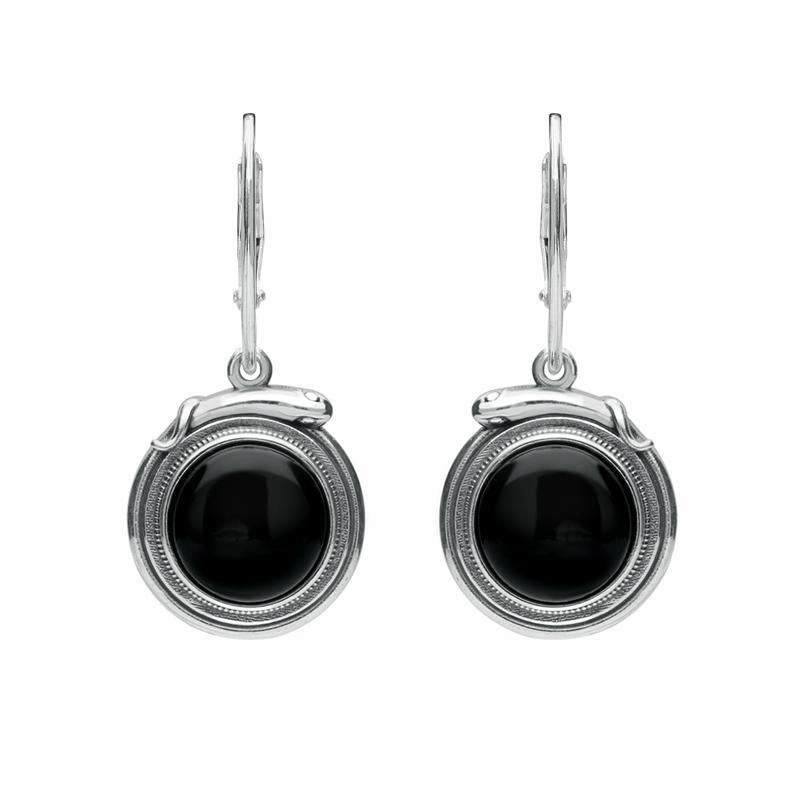 Sterling Silver Whitby Jet Small Round Snake Edge Hook Drop Earrings