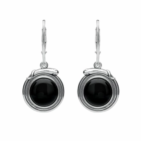 Sterling Silver Whitby Jet Small Round Snake Edge Hook Drop Earrings