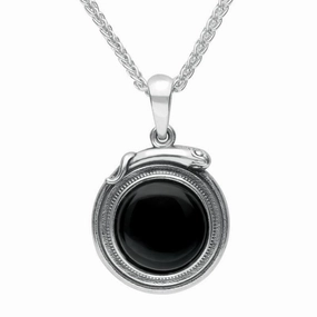 Sterling Silver Whitby Jet Small Round Snake Edge Necklace