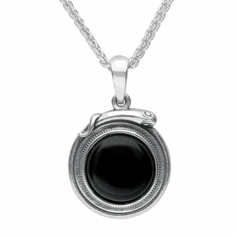 Sterling Silver Whitby Jet Small Round Snake Edge Necklace