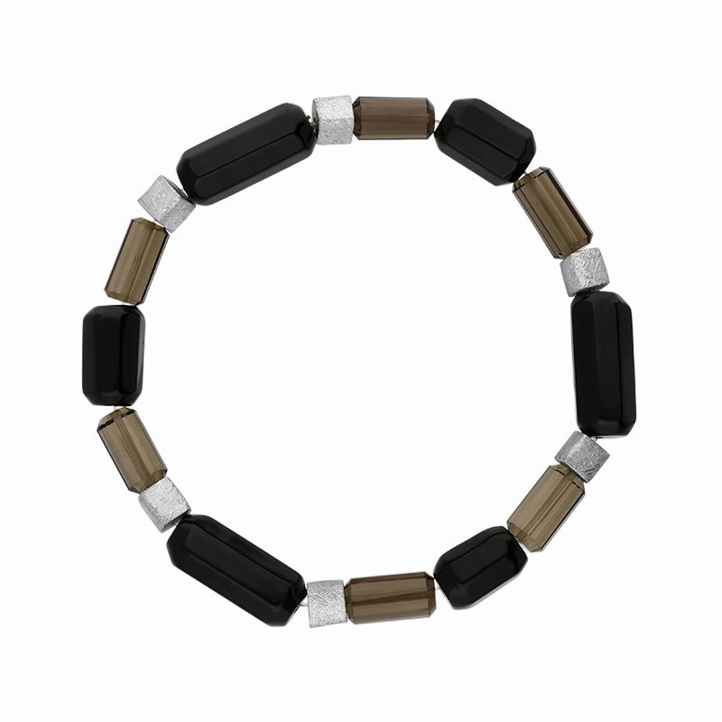 Sterling Silver Whitby Jet Smokey Quartz Bead Bracelet D