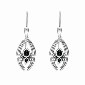 Sterling Silver Whitby Jet Spider Hook Drop Earrings