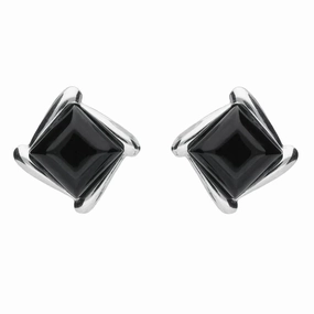 Sterling Silver Whitby Jet Square Wave Stud Earrings