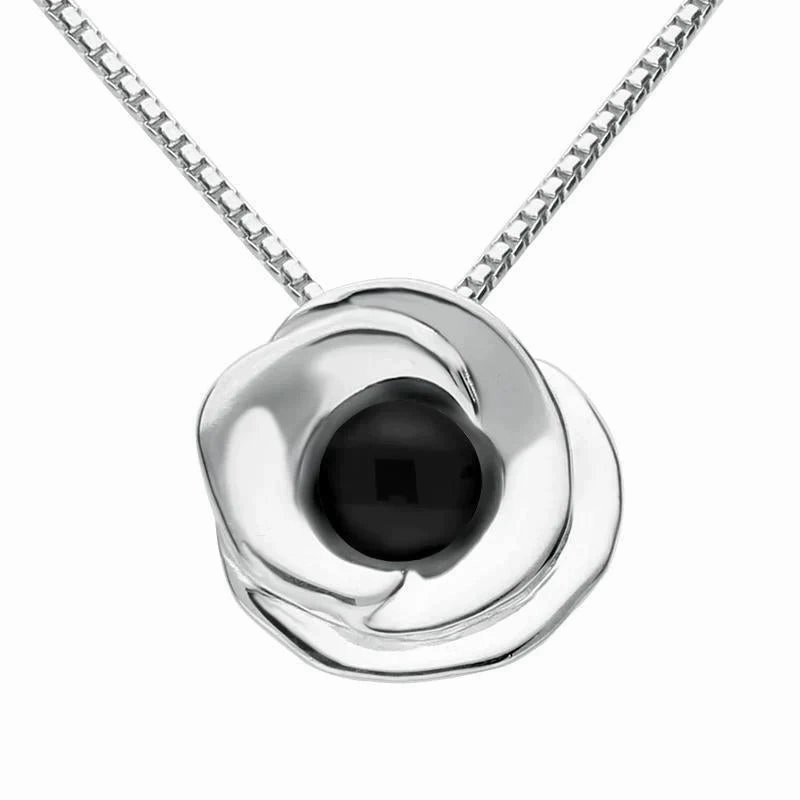 Sterling Silver Whitby Jet Stone Rose Necklace