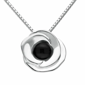 Sterling Silver Whitby Jet Stone Rose Necklace