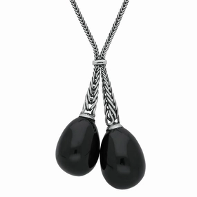 Sterling Silver Whitby Jet Tapered Double Dropper Necklace D