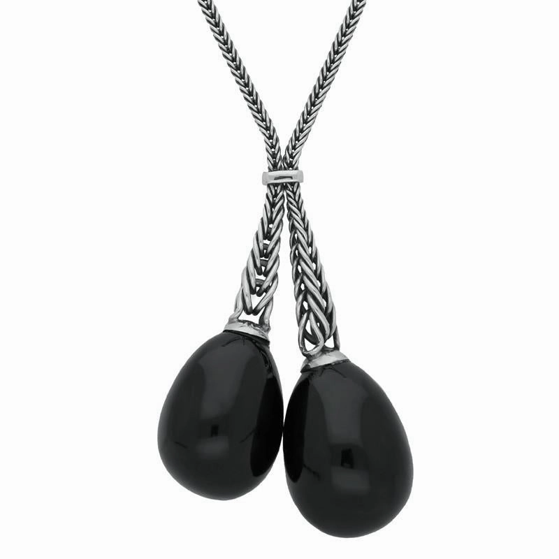 Sterling Silver Whitby Jet Tapered Double Dropper Necklace D