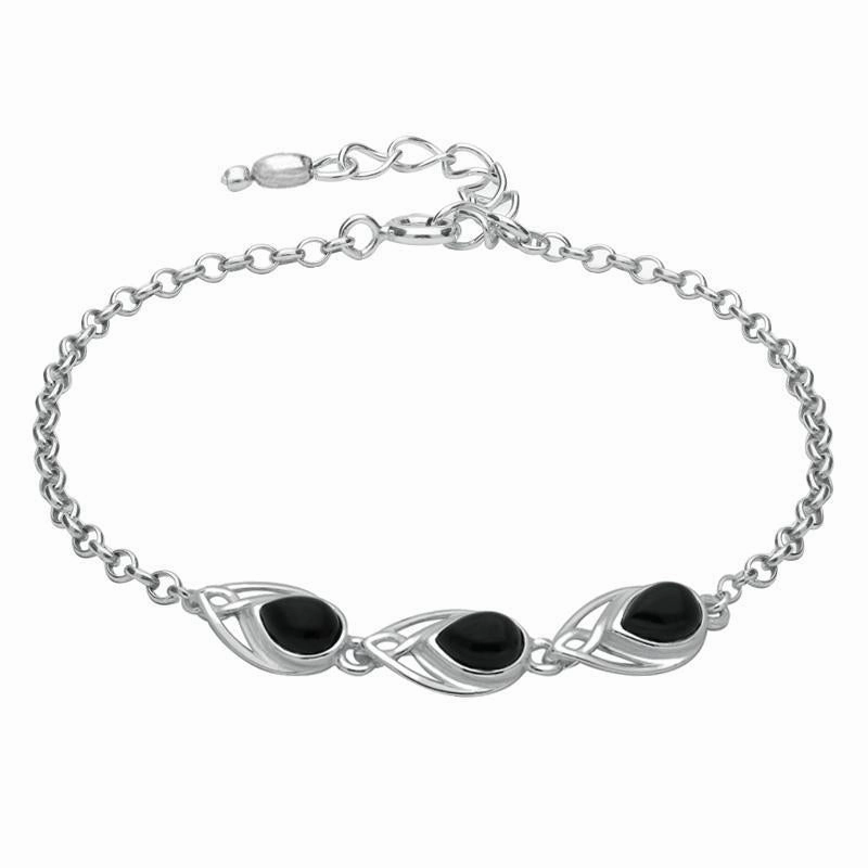 Sterling Silver Whitby Jet Three Stone Pear Bracelet