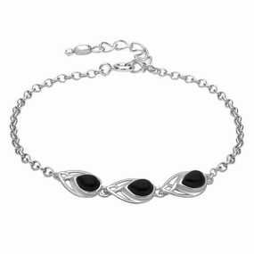 Sterling Silver Whitby Jet Three Stone Pear Bracelet