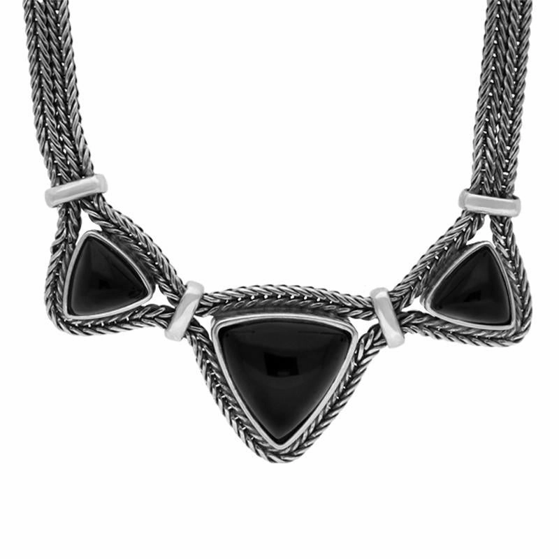 Sterling Silver Whitby Jet Three Stone Triangular Foxtail Necklace D