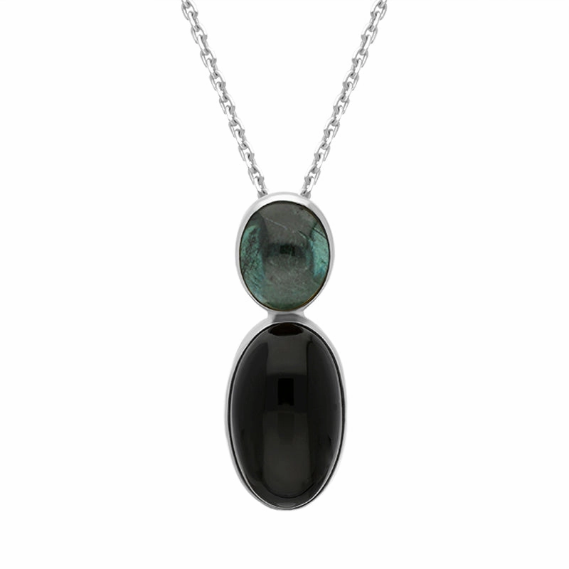 Sterling Silver Whitby Jet Tourmaline Two Stone Drop Necklace D