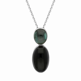 Sterling Silver Whitby Jet Tourmaline Two Stone Drop Necklace D