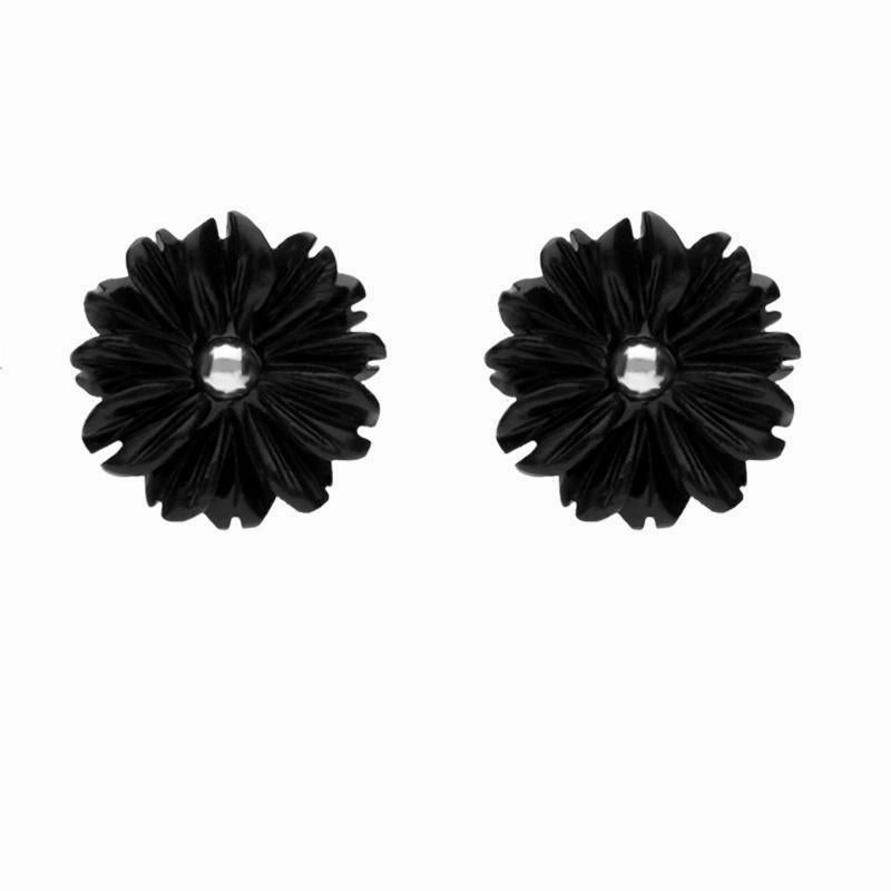 Sterling Silver Whitby Jet Tuberose 10mm Flower Stud Earrings