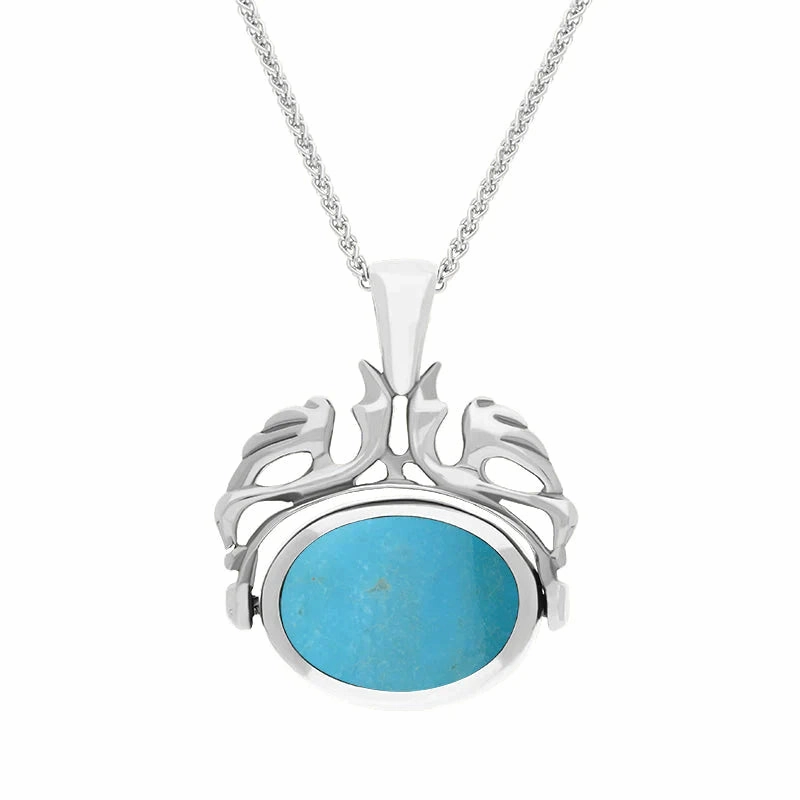Sterling Silver Whitby Jet Turquoise Double Sided Oval Swivel Fob Necklace