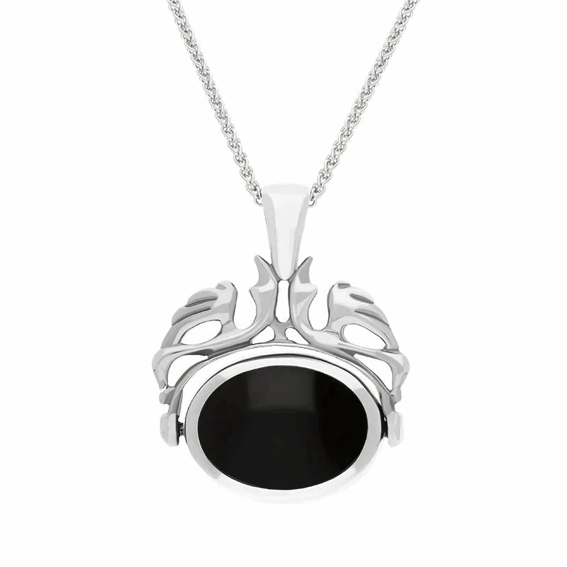 Sterling Silver Whitby Jet Turquoise Double Sided Oval Swivel Fob Necklace