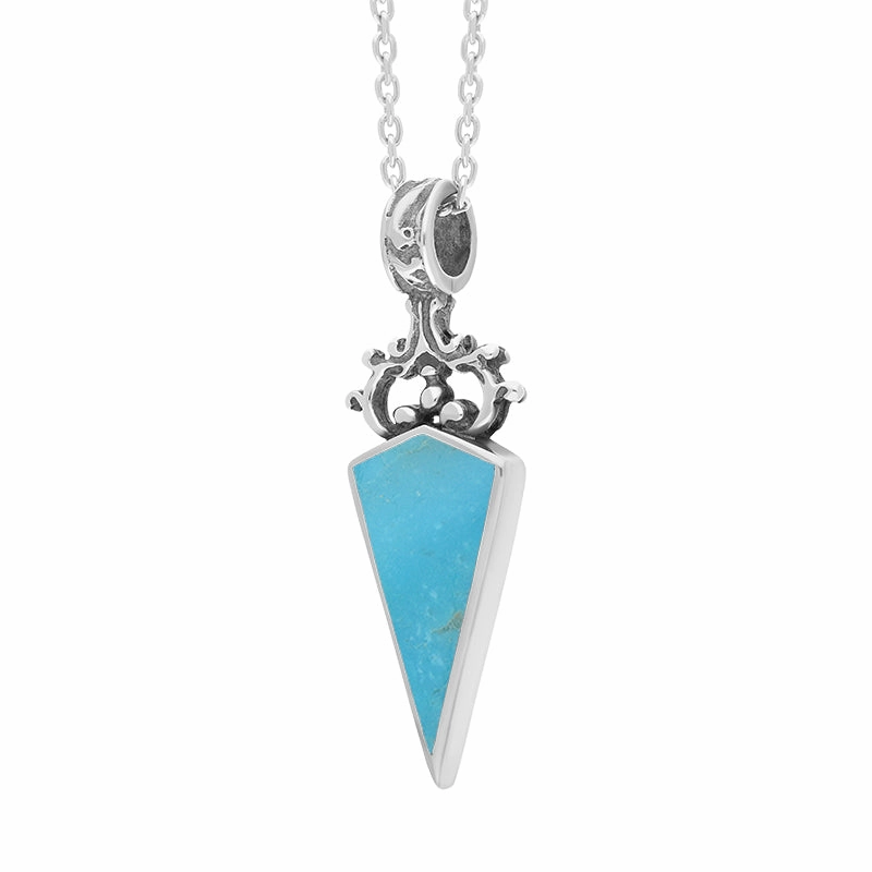 Sterling Silver Whitby Jet Turquoise Double Sided Scroll Top Dagger Fob Necklace