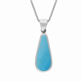 Sterling Silver Whitby Jet Turquoise Small Double Sided Pear Cut Fob Necklace