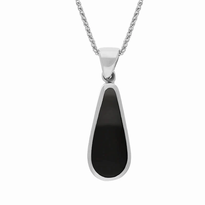 Sterling Silver Whitby Jet Turquoise Small Double Sided Pear Cut Fob Necklace