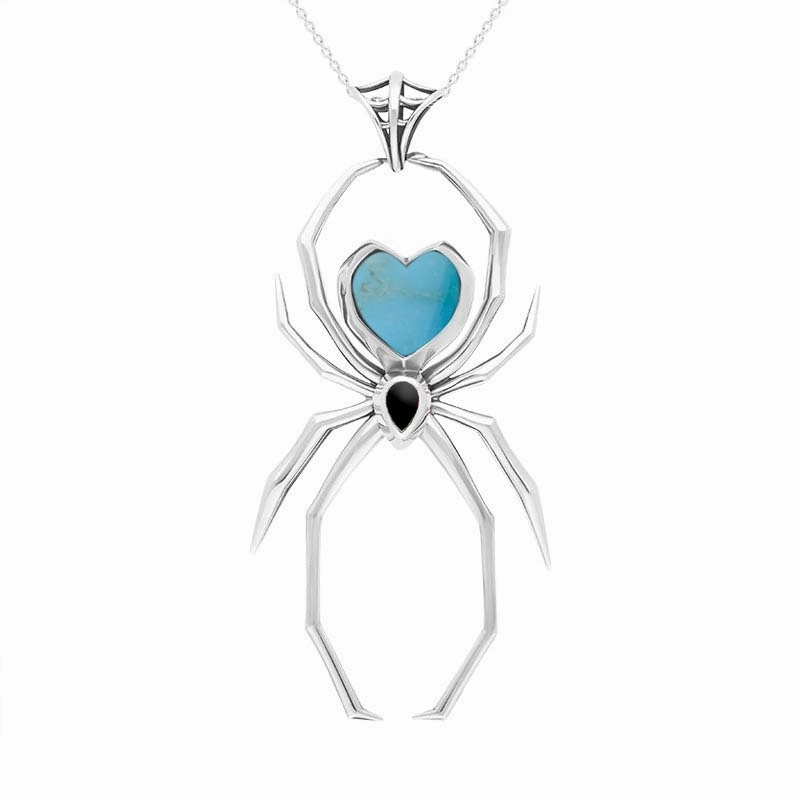 Sterling Silver Whitby Jet Turquoise Spider Pendant Necklace