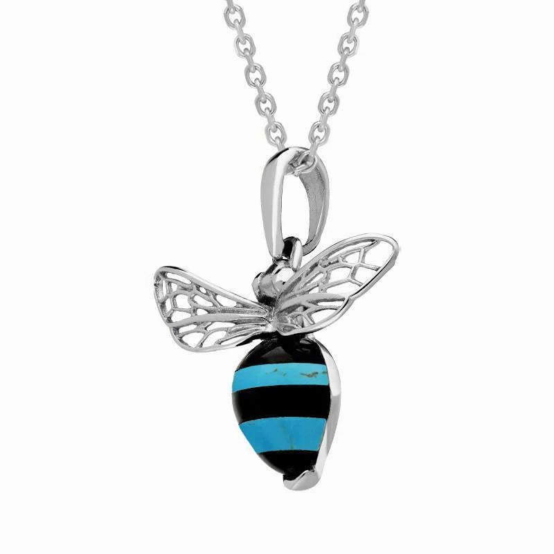 Sterling Silver Whitby Jet Turquoise Winged Bee Necklace
