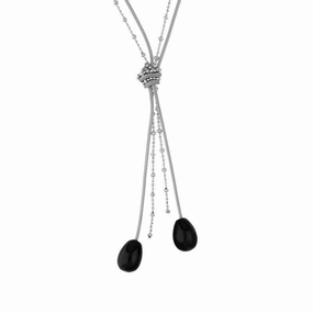 Sterling Silver Whitby Jet Two Pear Shape Knot Tassel Necklace D