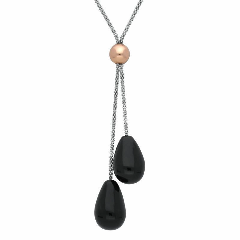 Sterling Silver Whitby Jet Two Stone Double Drop Necklace D
