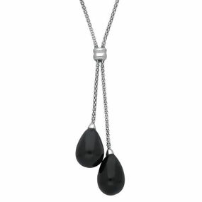 Sterling Silver Whitby Jet Two Stone Drop Necklace D