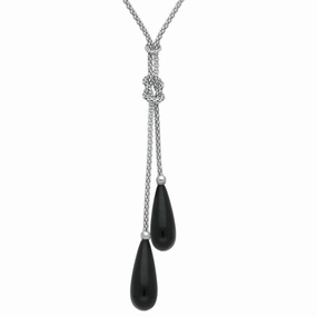 Sterling Silver Whitby Jet Two Stone Knot Drop Necklace D