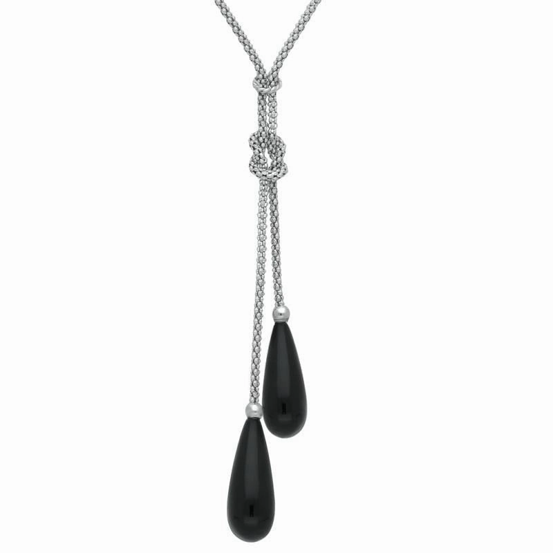 Sterling Silver Whitby Jet Two Stone Knot Drop Necklace D