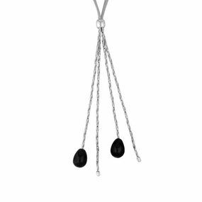 Sterling Silver Whitby Jet Two Stone Pear Four Strand Tassel Necklace D