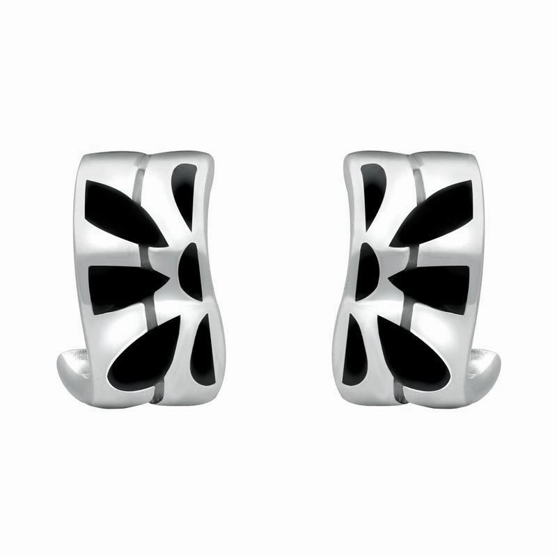Sterling Silver Whitby Jet Wavy Flower Hoop Stud Earrings