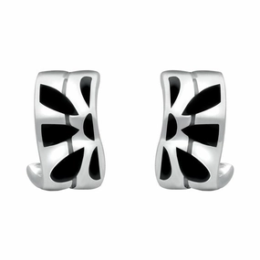 Sterling Silver Whitby Jet Wavy Flower Hoop Stud Earrings