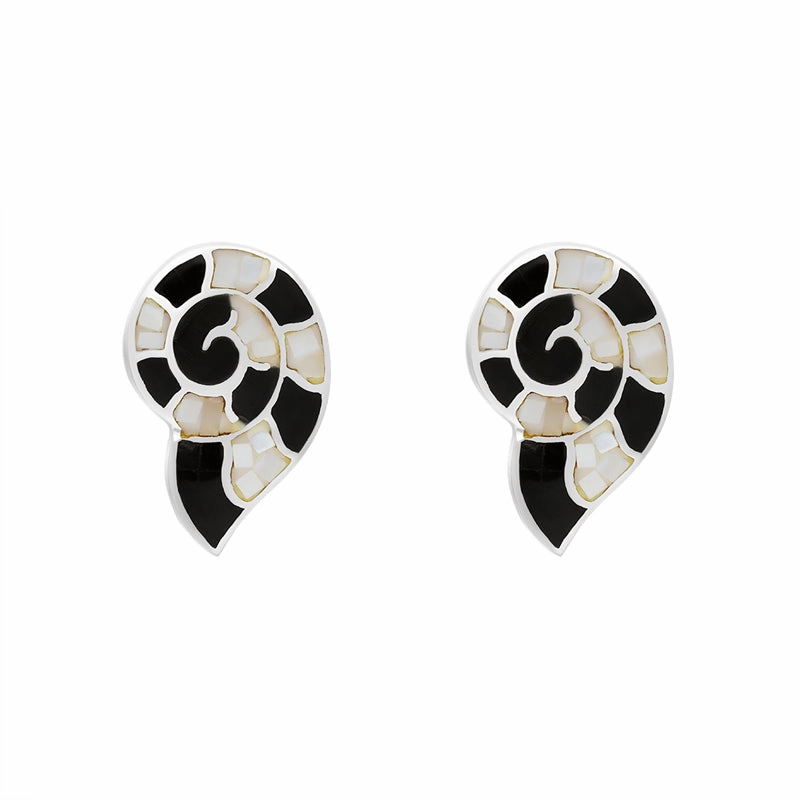 Sterling Silver Whitby Jet White Mother Of Pearl Ammonite Earrings D