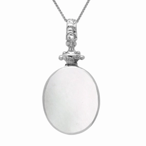 Sterling Silver Whitby Jet White Mother Of Pearl Double Sided Oval Fob Necklace