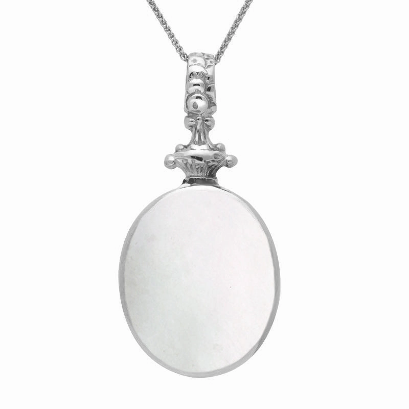 Sterling Silver Whitby Jet White Mother Of Pearl Double Sided Oval Fob Necklace