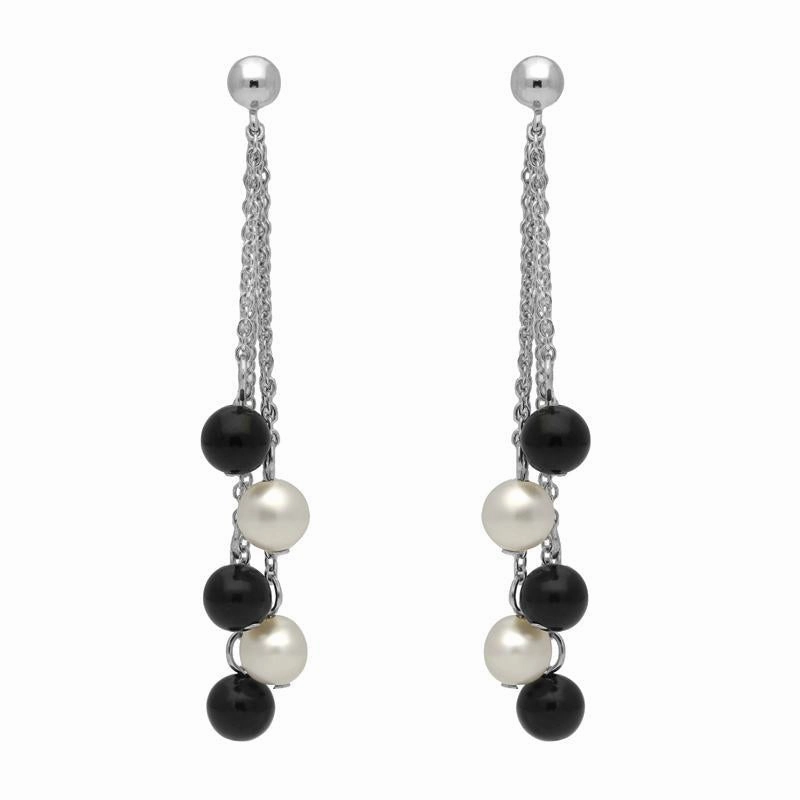 Sterling Silver Whitby Jet White Pearl Beaded Tassel Drop Earrings D