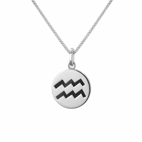 Sterling Silver Whitby Jet Zodiac Aquarius Round Necklace