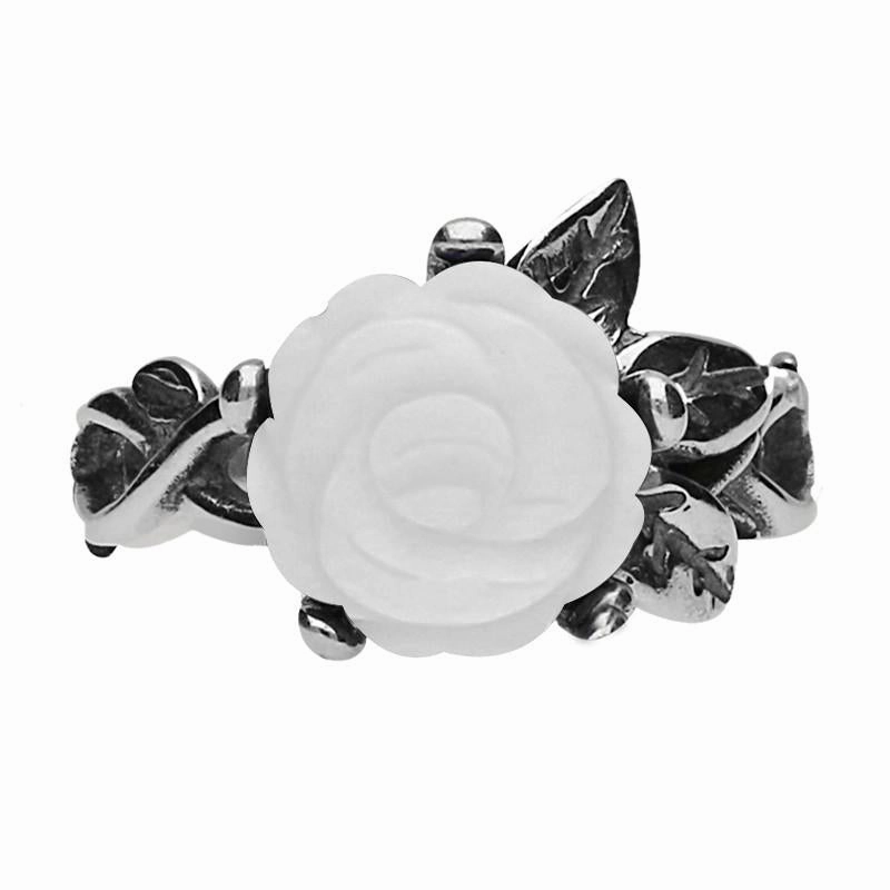 Sterling Silver White Agate Tuberose 10mm Rose Leaf Twist Ring