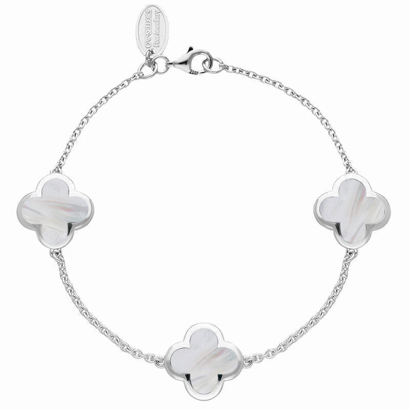 Sterling Silver White Mother of Pearl  Bloom Four Leaf Clover Chain Bracelet